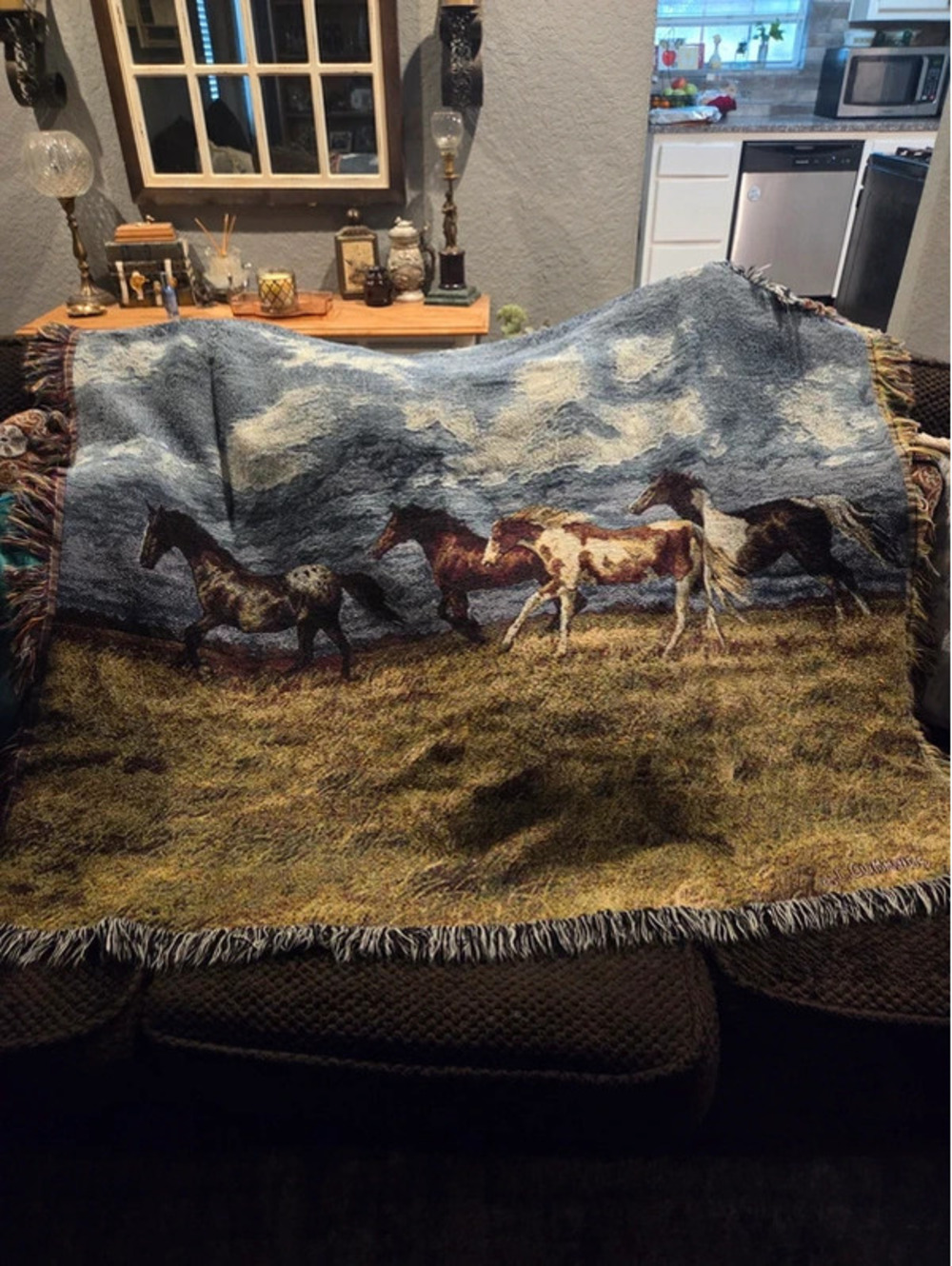 Vtg. 1990s C. Cummings "Gold Dust" wild horses woven tapestry blanket
